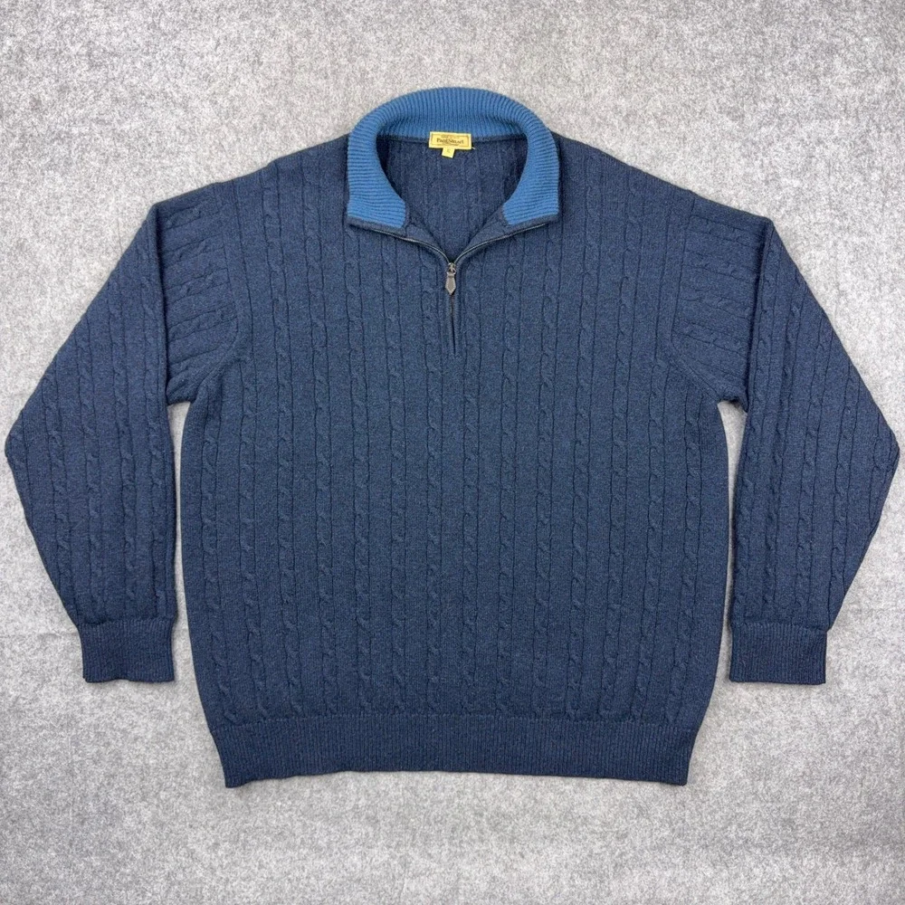 Paul Stuart 100% Cashmere Sweater Mens XL 1/4 Zip Cable Knit Blue Made in Italy